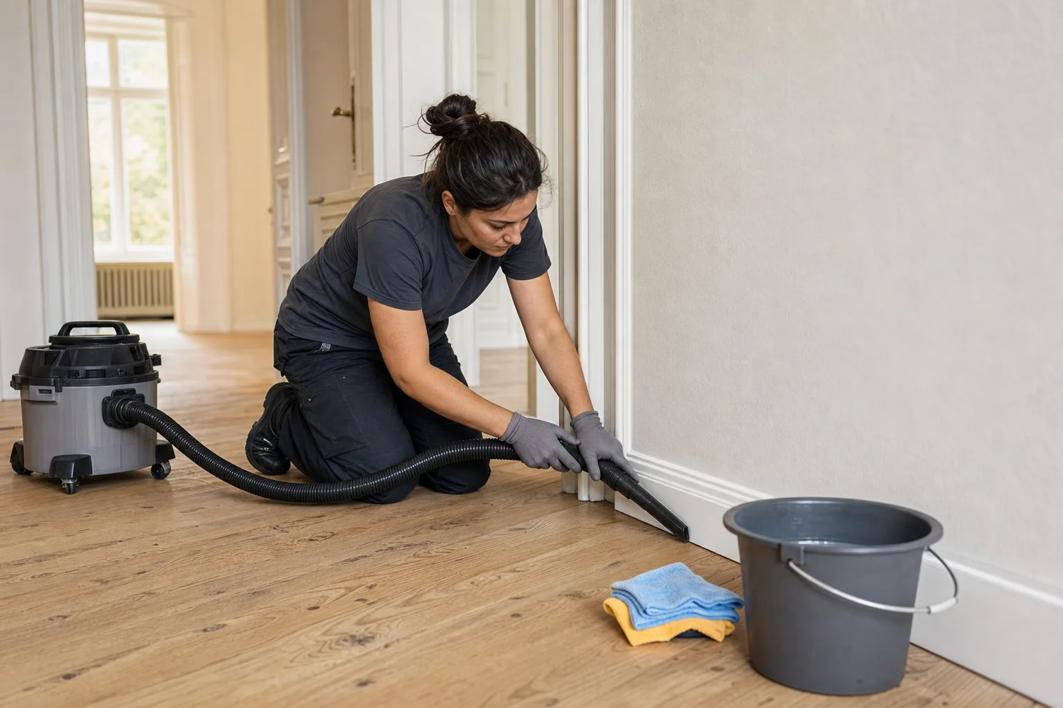 Reinigungskraft in leerer, frisch renovierter Wiener Altbauwohnung saugt mit einem HEPA-Bau-Entstauber den Feinstaub entlang einer Sockelleiste; im Hintergrund stehen Mikrofasertücher und ein Eimer mit klarem Wasser