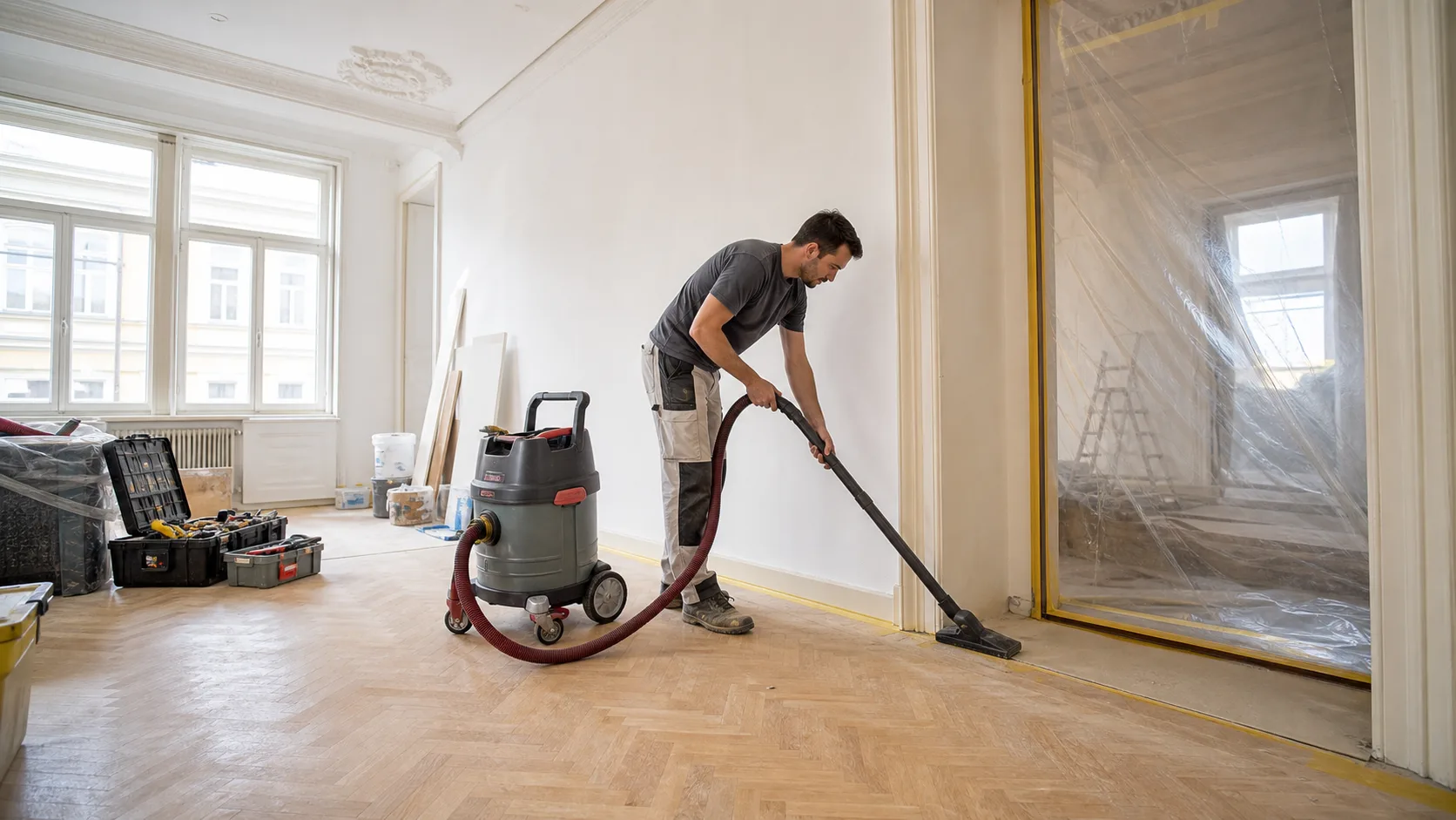 Professionelle Bauzwischenreinigung in einer Wiener Altbauwohnung mit HEPA-Bauentstauber, geschütztem Boden und abgetrennter Staubzone