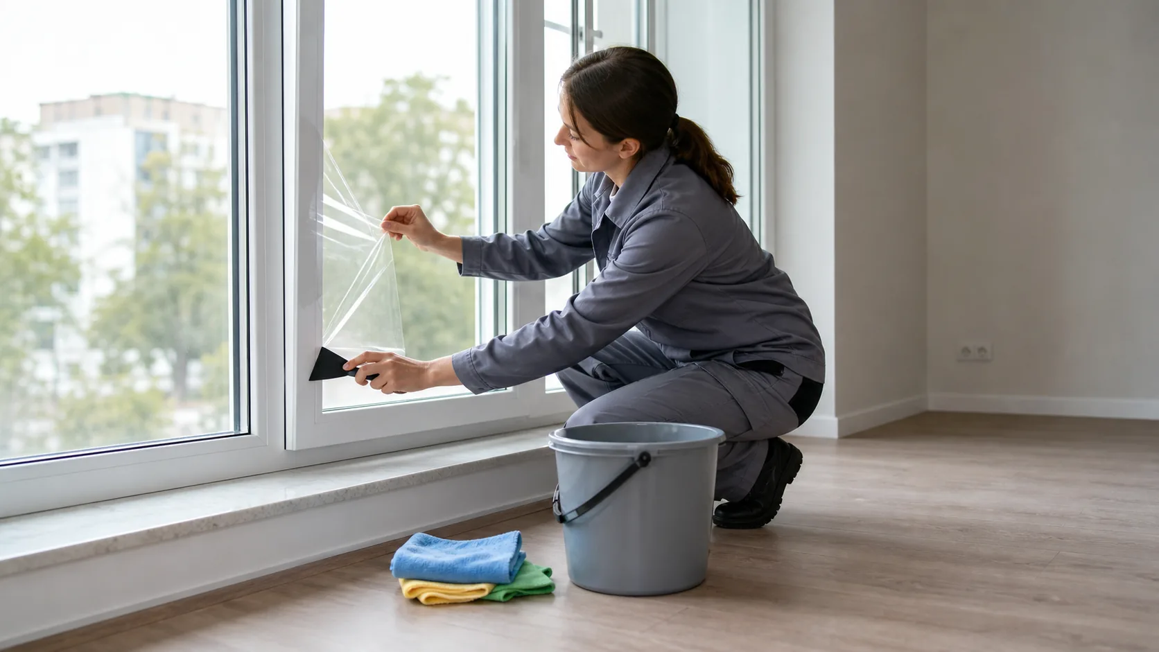 Reinigungskraft in einer frisch renovierten Wohnung löst eine Schutzfolie am Fensterrahmen mit einem Kunststoffspatel; daneben liegen Mikrofasertücher, ein Eimer mit lauwarmem Wasser und ein neutraler Reiniger