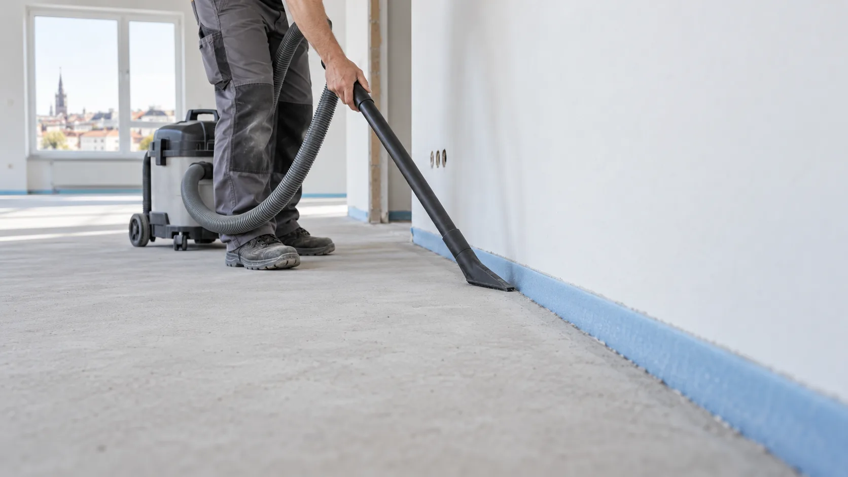 Fachkraft saugt den Bodenrand einer renovierten Wohnung neben einem unversehrten blauen Randdämmstreifen ab
