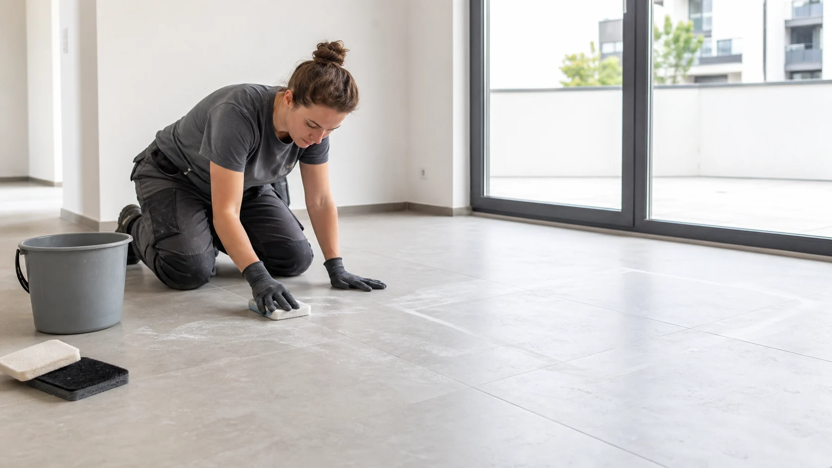 Reinigungskraft entfernt in einer frisch renovierten Wohnung Zementschleier von hellgrauen Feinsteinzeugfliesen; neben der Testfläche stehen Eimer und weiße Reinigungspads bereit