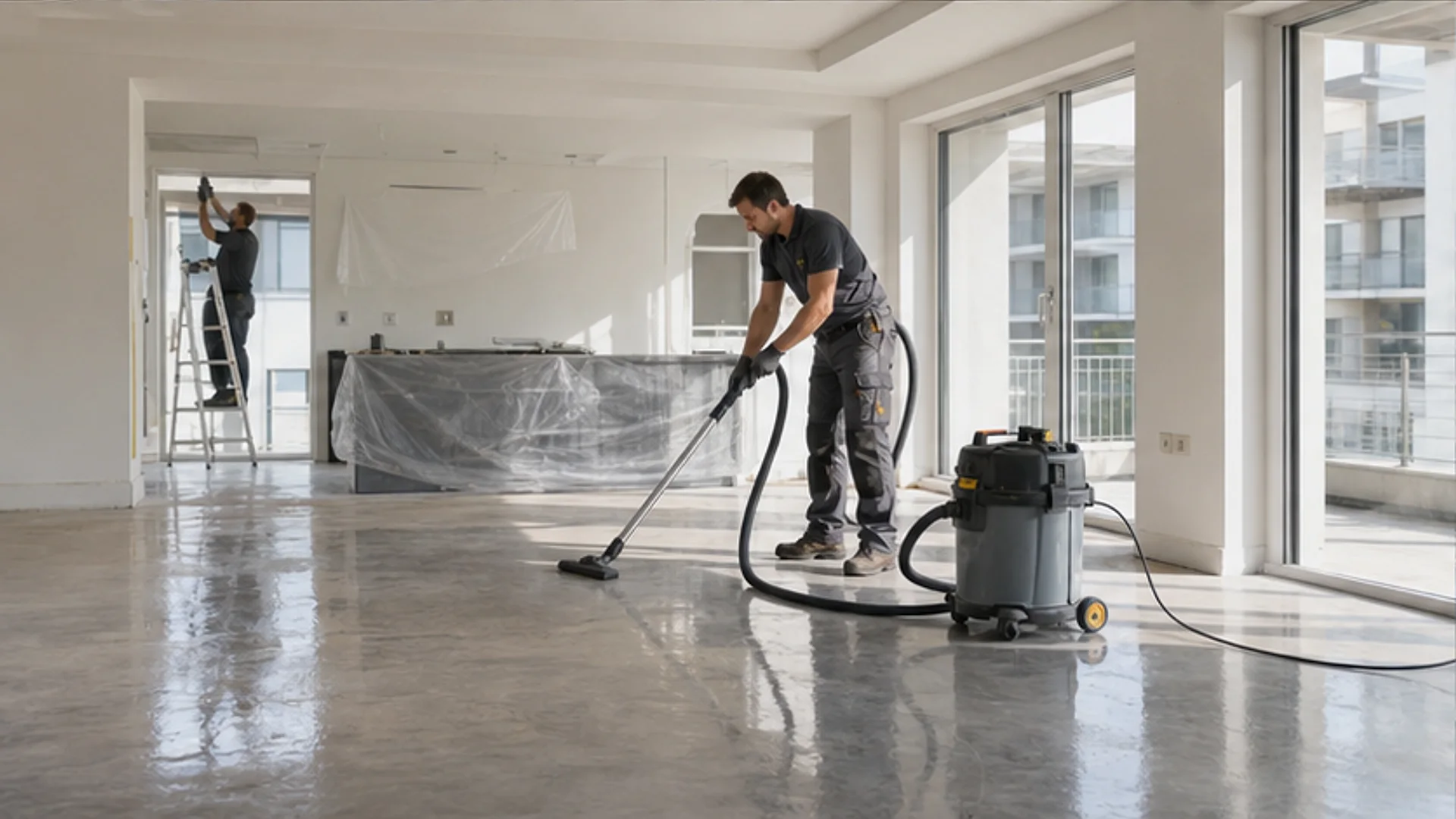 heller renovierter Raum mit Schutzfolie, Baustaubsauger, Fensterkante und geordnetem Reinigungsequipment